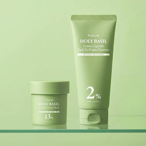 Pcalm Holy Basil Bubble Deep Mask 90g + Holy Basil Pack-to-Foam Cleanser 120ml 1+1 Daily Set
