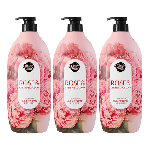 Shower Mate Blooming Body Wash 900g x3 Rose & Cherry Blossom + Lavender Soap 100g