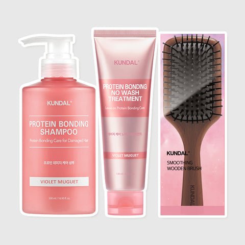Kundal Protein Damage Care 3-Piece Set (Shampoo, No-Wash Treatment & Wooden Brush)
