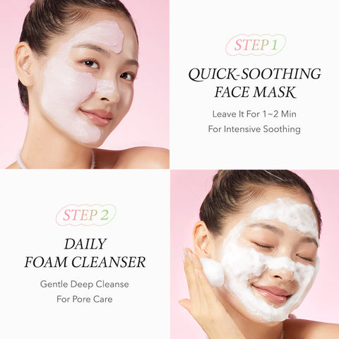 Cosmetic skincare routine with quick-soothing face mask and daily foam cleanser on a pink background.