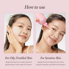 Instructions on how to use a skincare product for oily, troubled skin and sensitive skin.