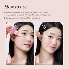 Instructions on how to use Pink Aloe Toner and Mucin Serum with images of a woman applying them.