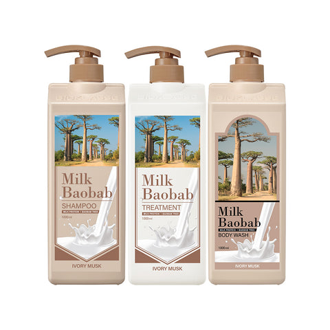 Milk Baobab Original Shampoo + Treatment + Body Wash - Ivory Musk, 1L x 3