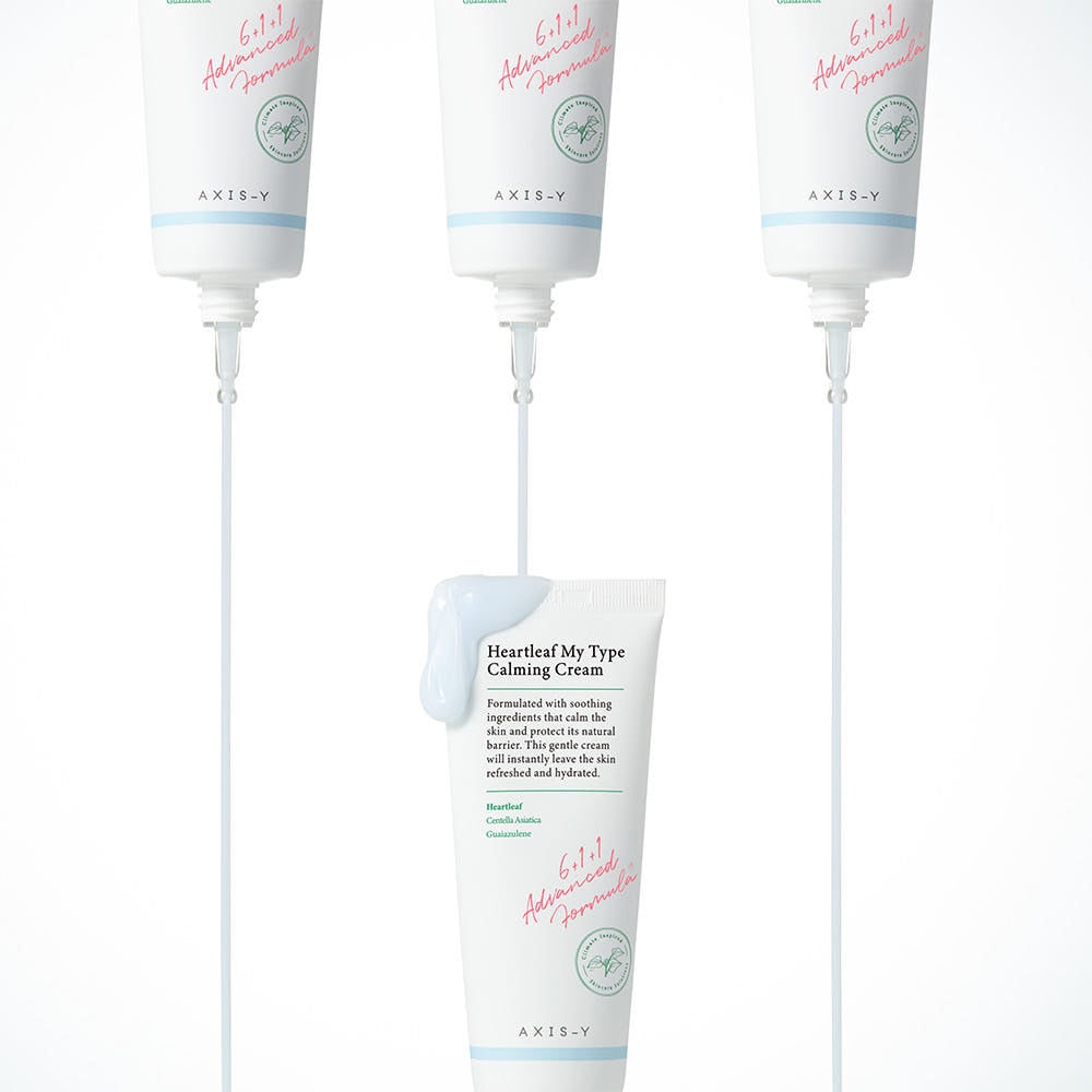 Three bottles of AXIS-V Heartleaf My Type Calming Cream on a white background