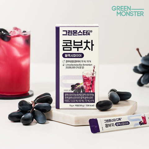 Green Monster Detox Kombucha Black Sapphire 2 Billion Probiotics 6 Boxes (60 Sticks)