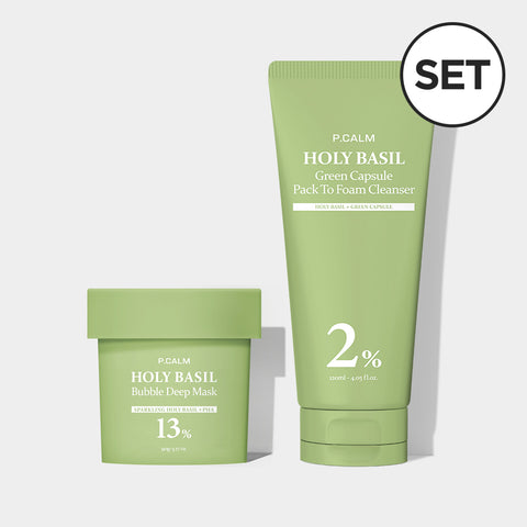 Pcalm Holy Basil Bubble Deep Mask 90g + Holy Basil Pack-to-Foam Cleanser 120ml 1+1 Daily Set