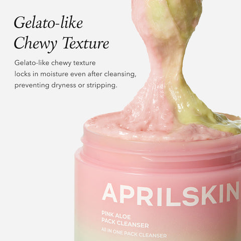 APRILSKIN pink aloe pack cleanser with gelato-like chewy texture on a white background