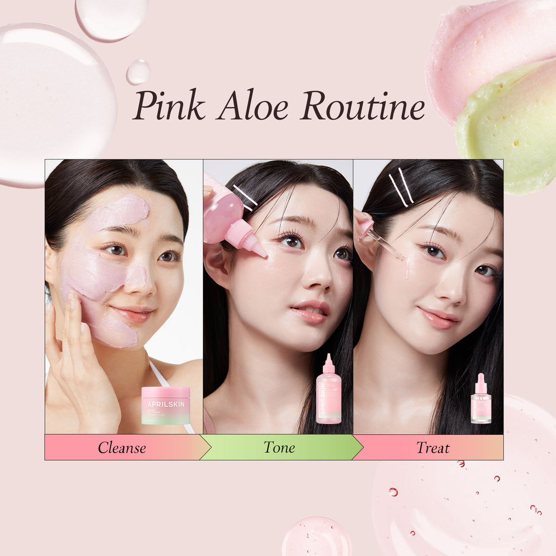 Pink Aloe Routine with three stages: Cleanse, Tone, Treat, featuring a woman applying products.