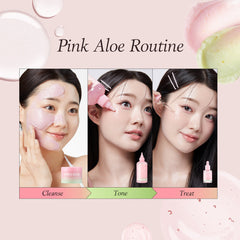 Pink Aloe Routine with three stages: Cleanse, Tone, Treat, featuring a woman applying products.