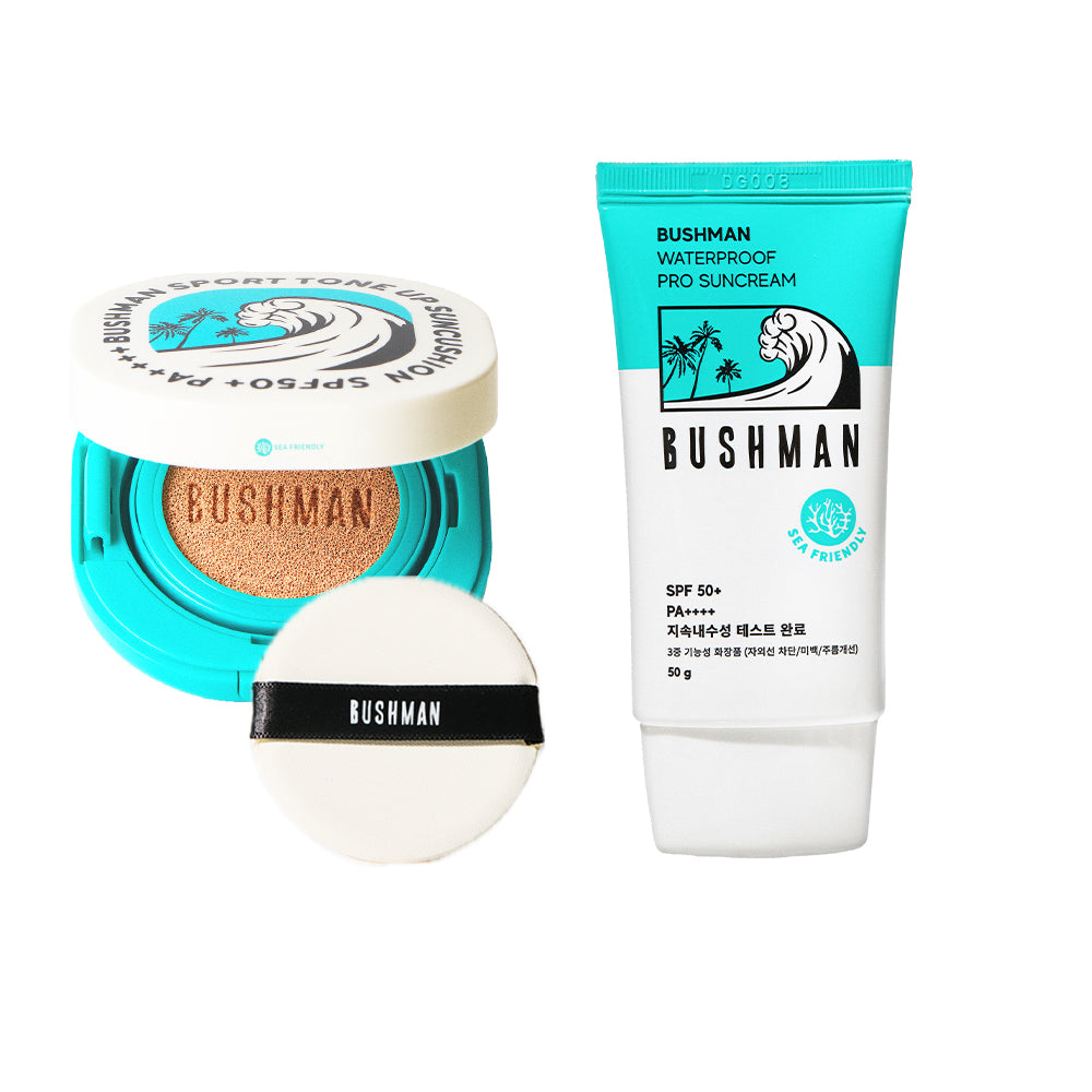 Bushman Waterproof Tone-Up Sun Cushion SPF50+ PA++++ 15g & Waterproof Sun Cream 50g, 2-Piece Set
