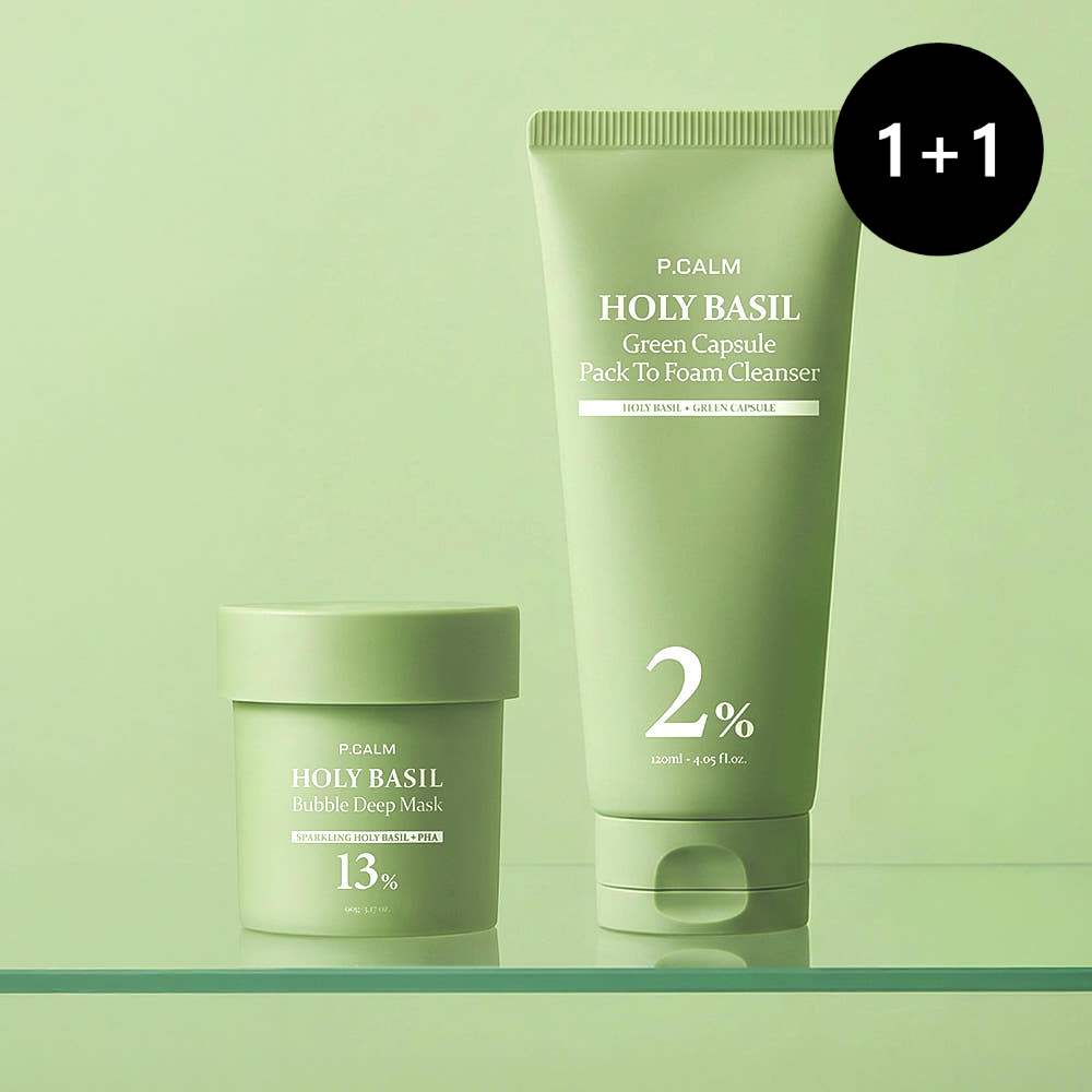 Pcalm Holy Basil Bubble Deep Mask 90g + Holy Basil Pack-to-Foam Cleanser 120ml 1+1 Daily Set