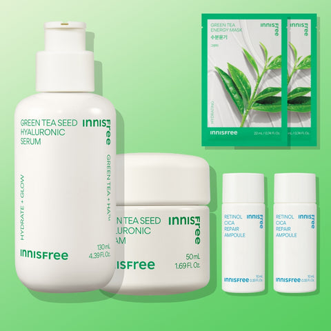 Innisfree Green Tea Seed Hyaluronic Acid Serum 130ml + Cream 50ml (2-Piece Set)