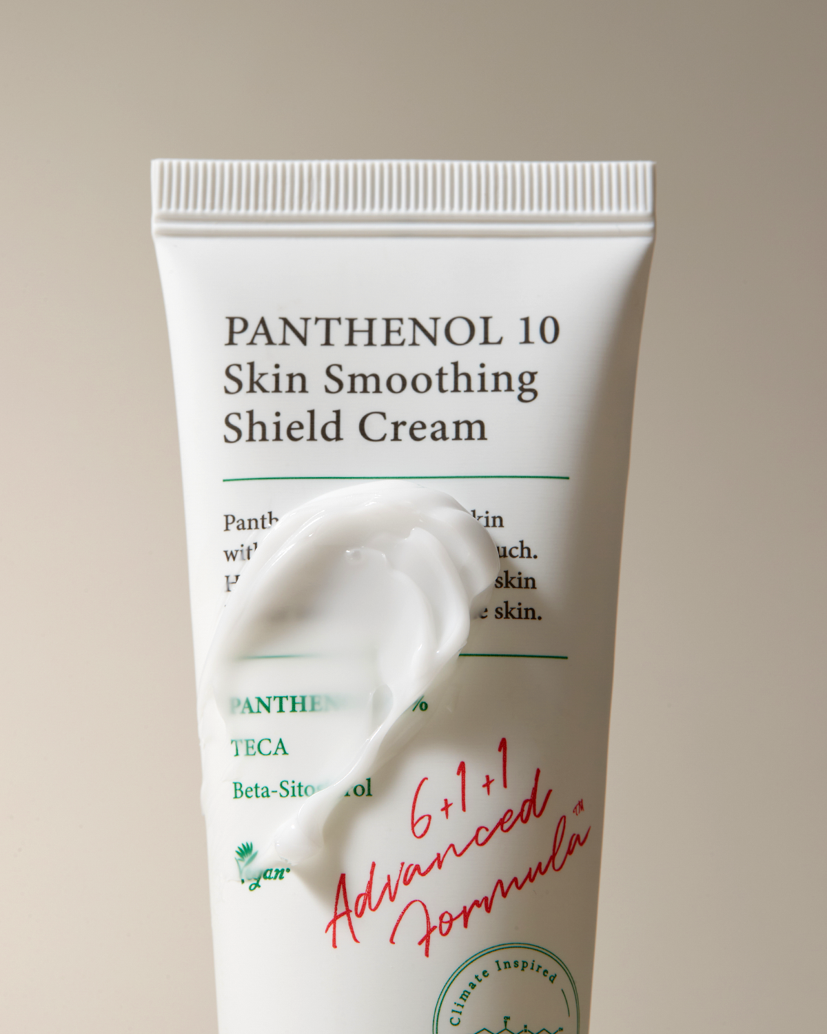 Tube of Panthenol 10 Skin Smoothing Shield Cream on a beige background