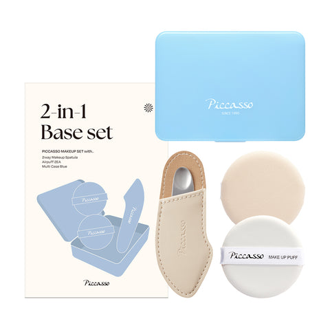 Picasso Two-in-One Base 3-Piece Set (Two-Way Spatula + 2 Puffs + Blue Multi Case)