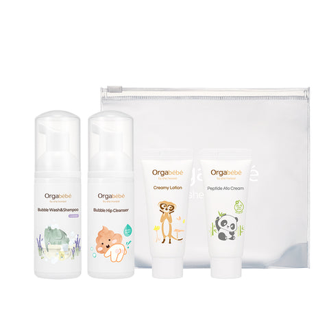 Orgabebe Baby Travel Skincare Kit - 4-Piece Travel Set (Body Wash, Hip Cleanser, Lotion, Cream)