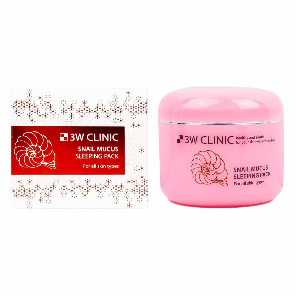 Pink jar and red box of 3W Clinic Snail Mucus Sleeping Pack on a white background