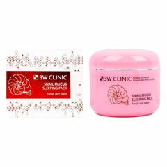 Pink jar and red box of 3W Clinic Snail Mucus Sleeping Pack on a white background