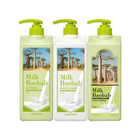 Milk Baobab Original Shampoo + Treatment + Body Wash - Lime & Basil, 1L x 3
