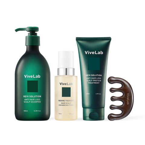 Vivelab High-Concentration Nutrient Supply Set (Green Anti-Hair-Loss Shampoo 500ml + Hair Loss Treatment 200ml + Scalp Nutrient 100ml + Wood Gua Sha)