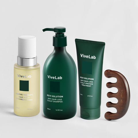 Vivelab High-Concentration Nutrient Supply Set (Green Anti-Hair-Loss Shampoo 500ml + Hair Loss Treatment 200ml + Scalp Nutrient 100ml + Wood Gua Sha)