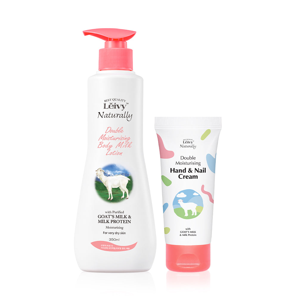 Leivy Goat Milk Body Lotion 350ml + Hand & Nail Cream 50ml (2-Piece Set)