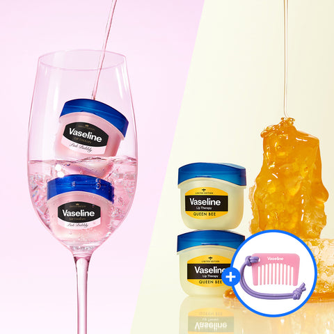Vaseline Lip Therapy 7g Mini Jar Set Pink Bubbly 7g x2 + Queen Bee 7g x2 + Vaseline Comb Keyring
