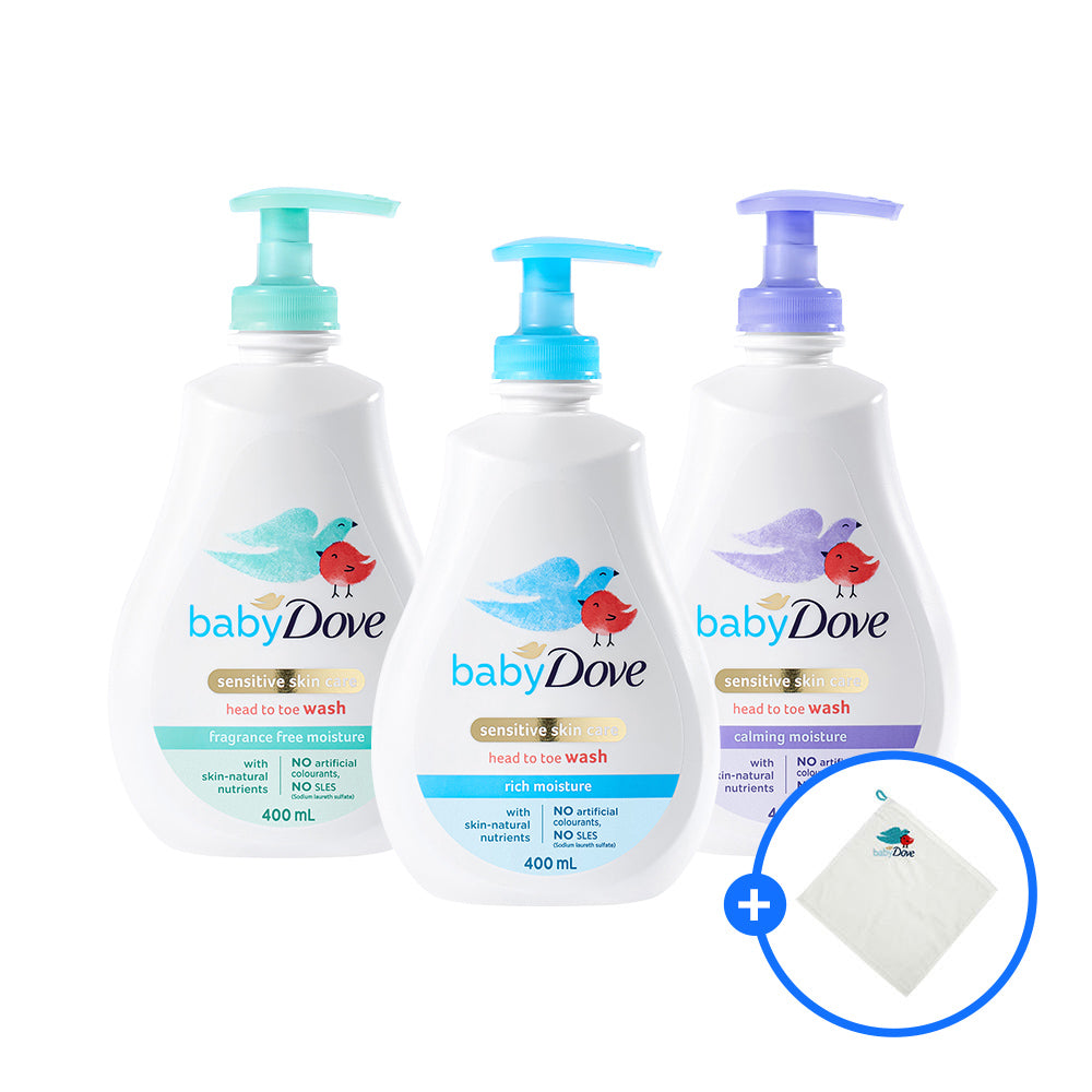 Baby Dove Top-to-Toe Rich Moisture Body Wash 400ml 3-Pack (optional Dove hand towel)