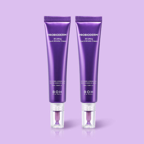 Two purple skincare cream tubes with 'Probioderm' and 'BOH' branding on a light purple background.