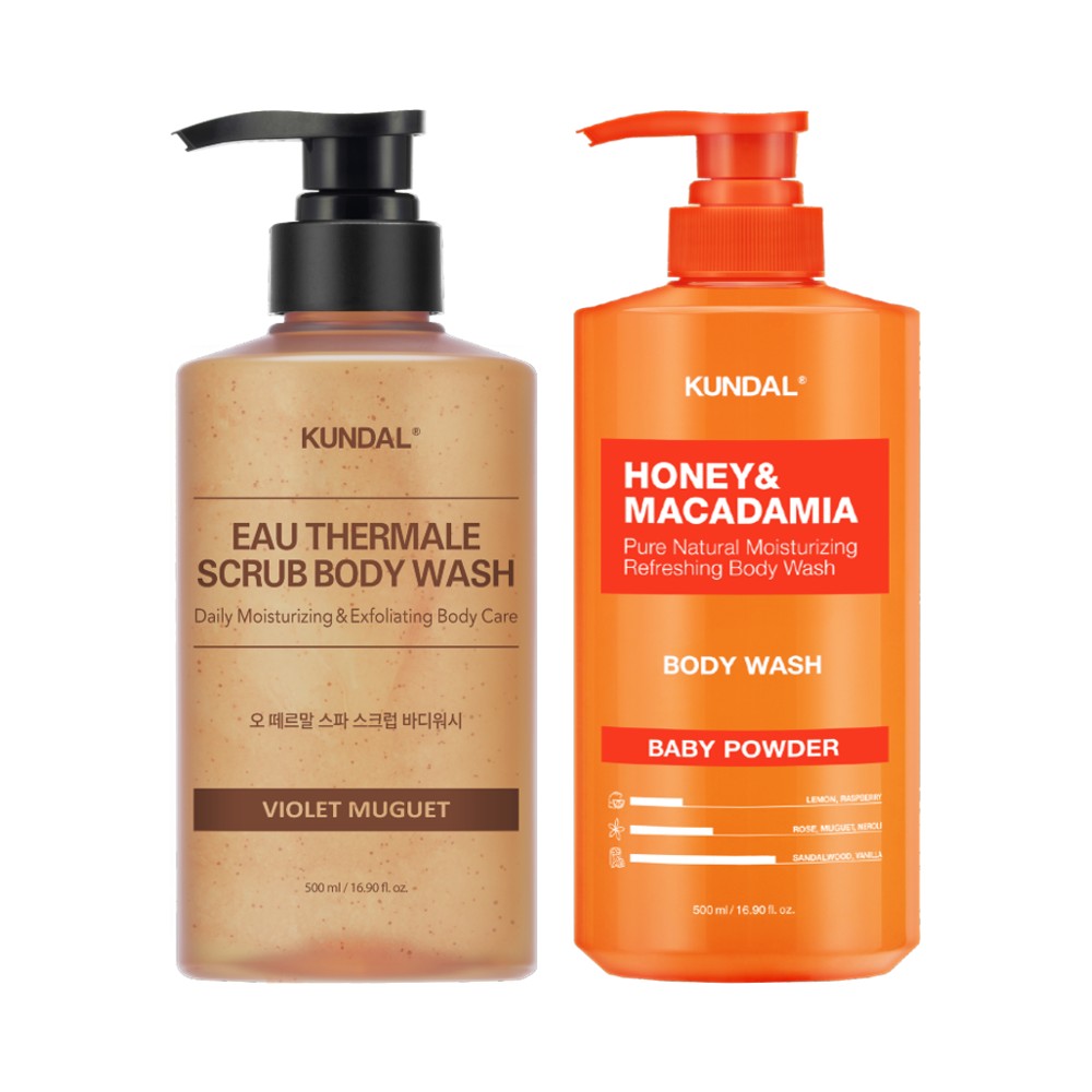 Kundal Pure Body Wash 500ml + Thermal Spa Scrub Body Wash 500ml, 2-Piece Set