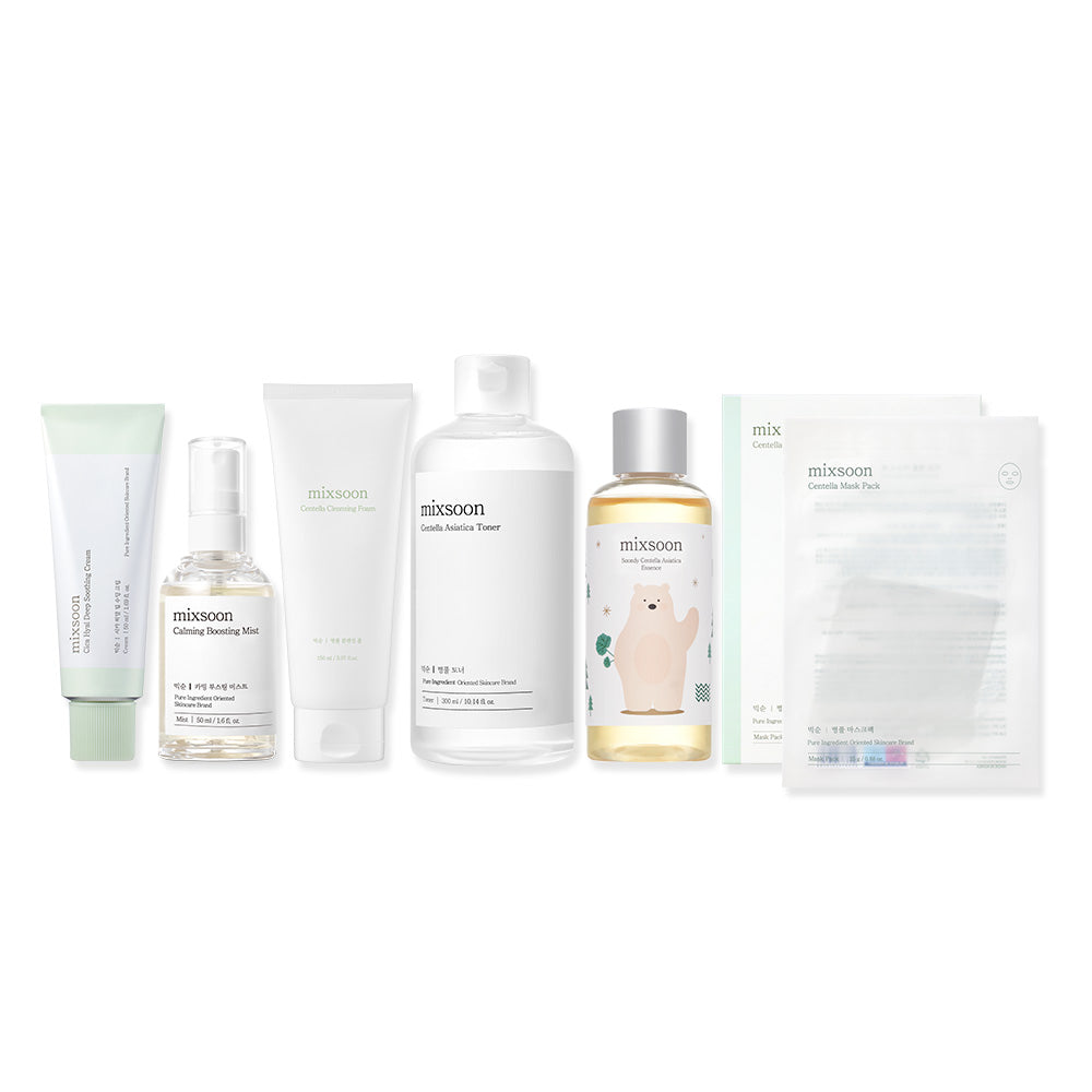 Mixsoon Centella Line Best 6-Piece Set (Cleansing Foam 150ml, Toner 300ml, Essence 100ml, Mask Pack 5pcs, Calming Mist 50ml, Soothing Cream 50ml)