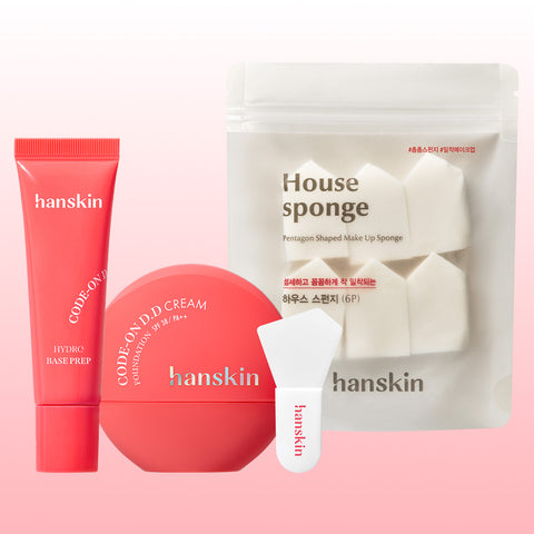 Hanskin Code On DD Cream Foundation 35ml Set (Moisture Base Prep + Mini Silicone Brush + 6 Sponges)