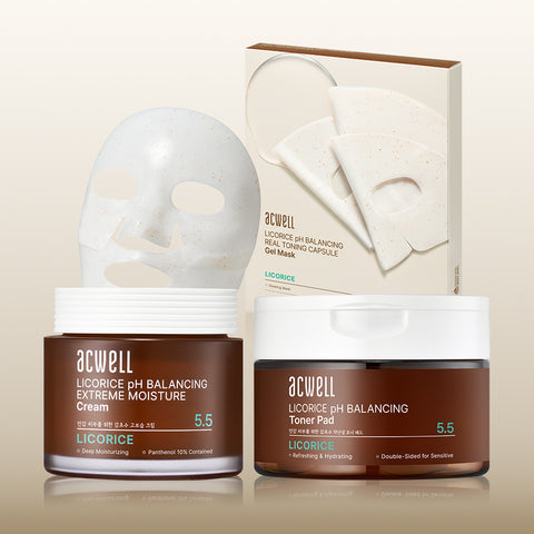 Acwell High Moisture Set: Licorice Water pH-Balancing Toner Pads 70 pads + Real Toning Capsule Gel Mask 4 masks + Extreme Moisture Cream 55ml