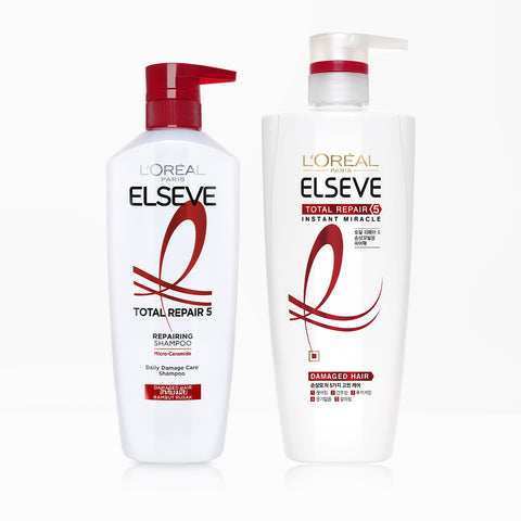 L'Oreal Paris Total Repair 5 Mild-Acid Shampoo 620ml + Ceramide Hair Pack 700ml (2-Step Daily Damage Care)
