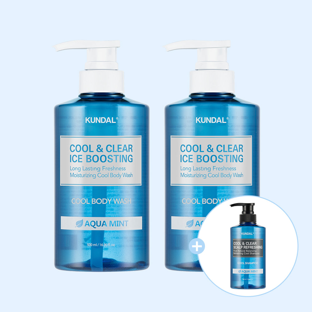 Kundal Cool & Clear Ice Boosting Body Wash Aquamint 500ml (2) + Cool Shampoo 500ml (1)