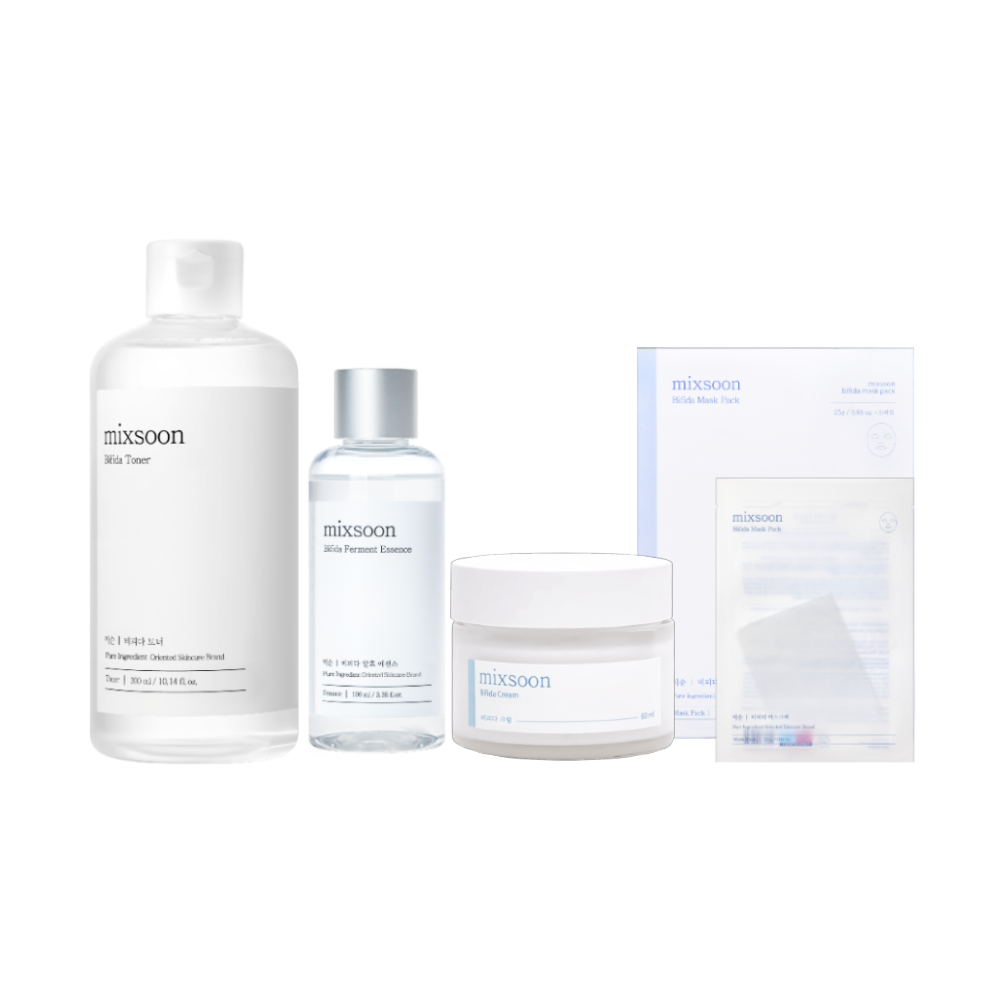 Mixsoon Bifida Line Best 4-Piece Set (Toner 300ml, Essence 100ml, Cream 50ml, 5 Mask Packs)