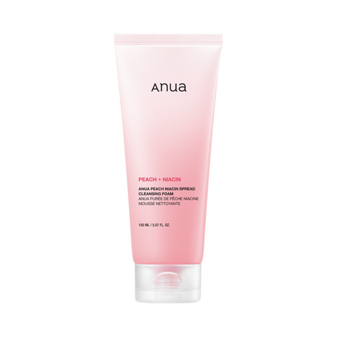 Pink tube of anua cleanser on a white background
