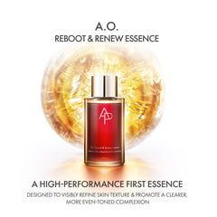 A.O. Reboot & Renew Essence bottle with a glowing sphere on a white background