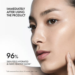 Close-up of a woman's face with text indicating product effectiveness on skin hydration and glow.