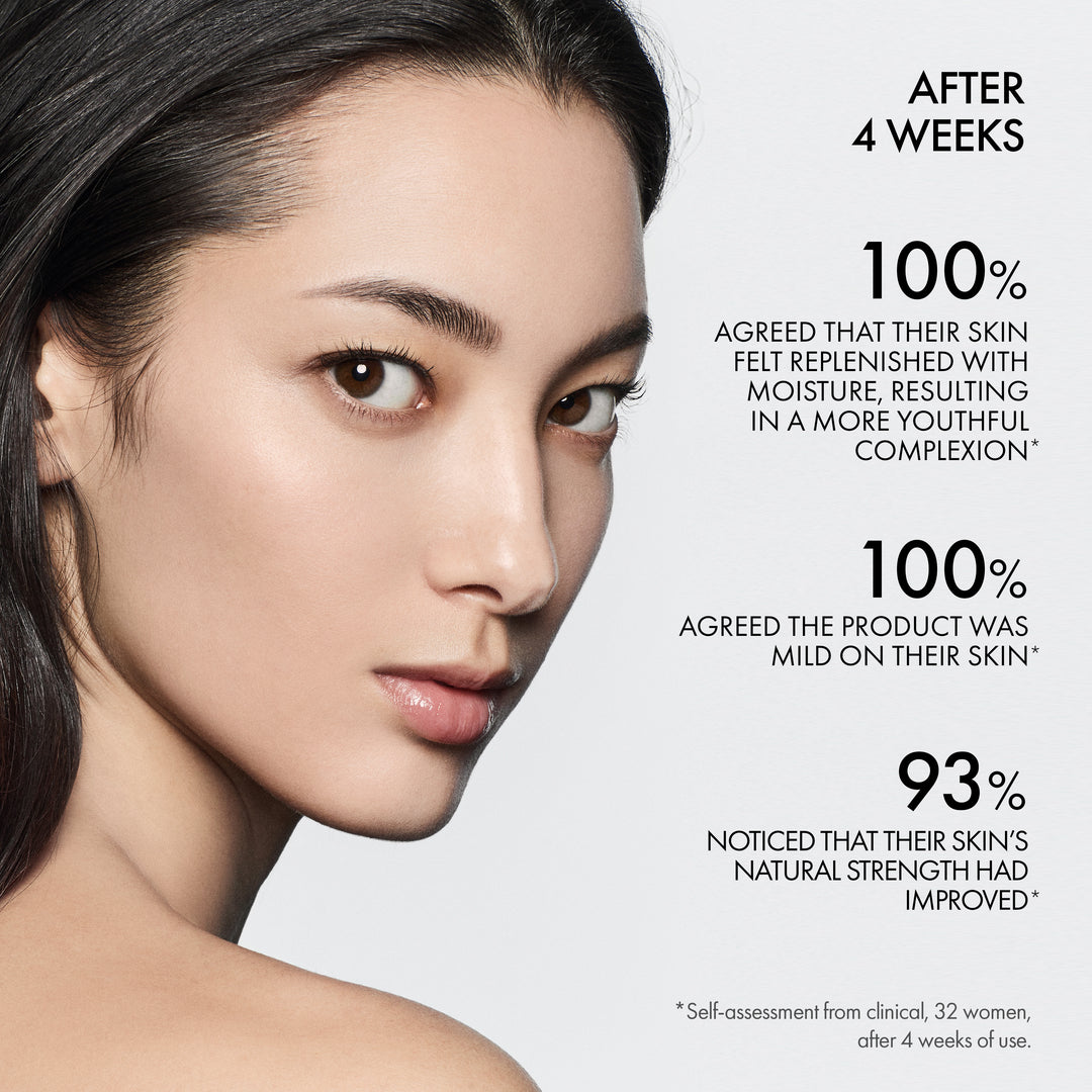 Woman's face with skincare product claims on a gray background