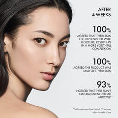 Woman's face with skincare product claims on a gray background