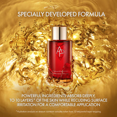 Red skincare serum bottle with gold liquid splash and text about its formula.