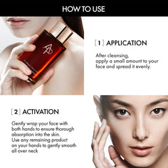 Instructions on how to use a skincare product with text and images of a bottle and a woman's face.