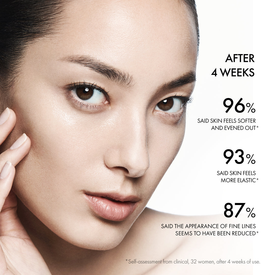 Woman's face with skincare product benefits text overlay