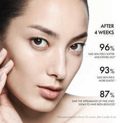 Woman's face with skincare product benefits text overlay