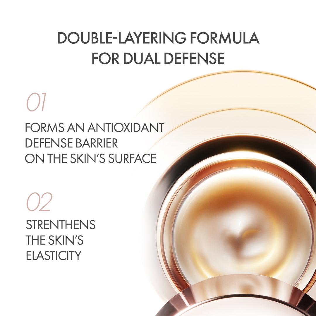 Cosmetic product with text about double-layering formula for dual defense on a white background
