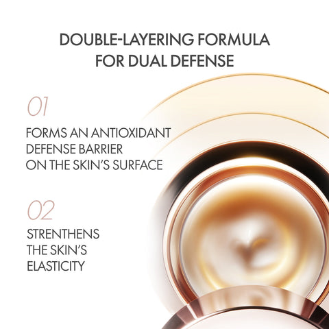 Cosmetic product with text about double-layering formula for dual defense on a white background