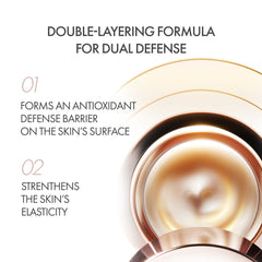 Cosmetic product with text about double-layering formula for dual defense on a white background