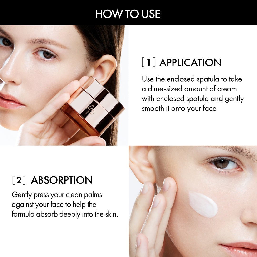 Instructions on how to use a skincare product with close-up images of a woman applying cream.