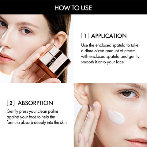 Instructions on how to use a skincare product with close-up images of a woman applying cream.