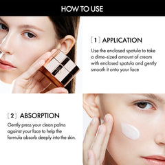 Instructions on how to use a skincare product with close-up images of a woman applying cream.